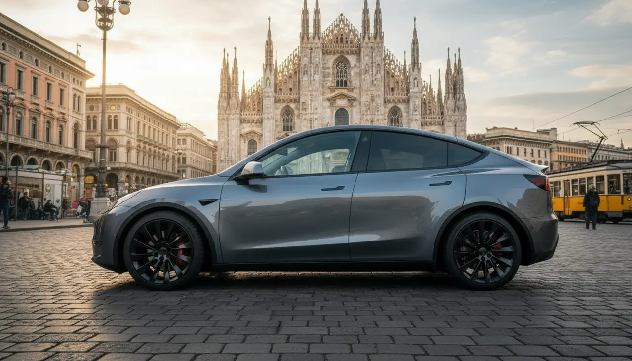 Tesla Model Y Long Range 2023, vista posteriore — Priveo Cars, Europa. Tesla Model Y Long Range 2023